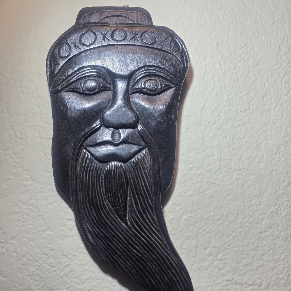 Hand-Carved Wooden Wall Mask Art Sculpture Tribal Vintage Style Home Décor - Picture 2 of 4